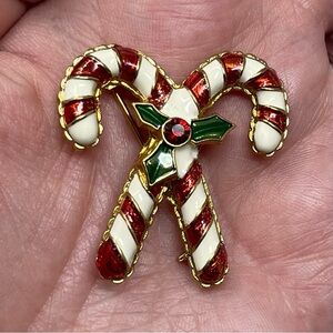Signed Christopher Radko Gold Tone Candy Canes Holly Enamel Christmas Pin Brooch